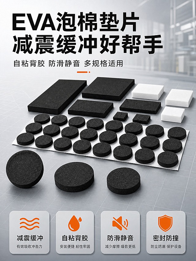 [商品] 使用【图2】圆形EVA泡棉垫片、【图4】多形状EVA泡棉垫片（圆形+方形+长条+黑白两色）；保留黑色泡棉材质、细密泡孔纹理、白色离型纸背胶、圆形/方形/长条等多种形状；产品处理：增强泡棉表面纹理质感，清理灰尘杂点，边缘整齐无毛边，背胶层与泡棉层分界清晰。
[画面] 页面目标：首屏专业头图，建立EVA泡棉垫片专业工业感和多场景应用价值。构图：上下分层，上半部分为产品主视觉，下半部分为核心卖点图标区。主体位置：画面中上部展示多形状EVA泡棉垫片组合陈列，圆形垫片阵列在前，方形和长条垫片在后方错落摆放，形成层次感，产品占画面约50%。背景为工业风浅灰色渐变，带有微妙的几何线条和网格纹理，营造工厂源头感。景别：中景偏全景，产品45度俯视角度。阅读动线：从上到下，先看产品再看卖点。前中后景：前景几片放大的垫片特写，中景主体产品阵列，背景虚化工业元素。
[视觉] 套系策略：风格=1688工业B端专业风 场景化商业摄影；标题字=粗黑无衬线商务字体；正文字=简洁无衬线体；主色=深炭灰黑；背景延展=基于深灰做浅灰-中灰-深灰渐变层级，搭配细腻工业网格/线条纹理；强调色=橙色，仅用于小面积图标、引线、标签和重点数字；标题色=深炭黑色；正文色=中灰色；组件=圆角浅灰信息卡、细线引线、橙色图标点缀；光影=左前侧45度柔光，产品底部有自然接触阴影，泡棉表面呈现哑光细腻质感。
[文字] 顶部主标题大字：EVA泡棉垫片 减震缓冲好帮手；主标题下方副标题：自粘背胶 防滑静音 多规格适用；底部排列4个图标卖点卡，从左到右：1.减震缓冲 配波纹图标；2.自粘背胶 配胶滴图标；3.防滑静音 配静音图标；4.密封防撞 配盾牌图标；每个图标下方有对应文字说明。文字全部横排，不遮挡产品主体。
[规格] 图片比例3:4竖版，4K，避免变形、错字、文字过小、颜色失真、边缘毛糙、悬浮感、水印、平台logo。
