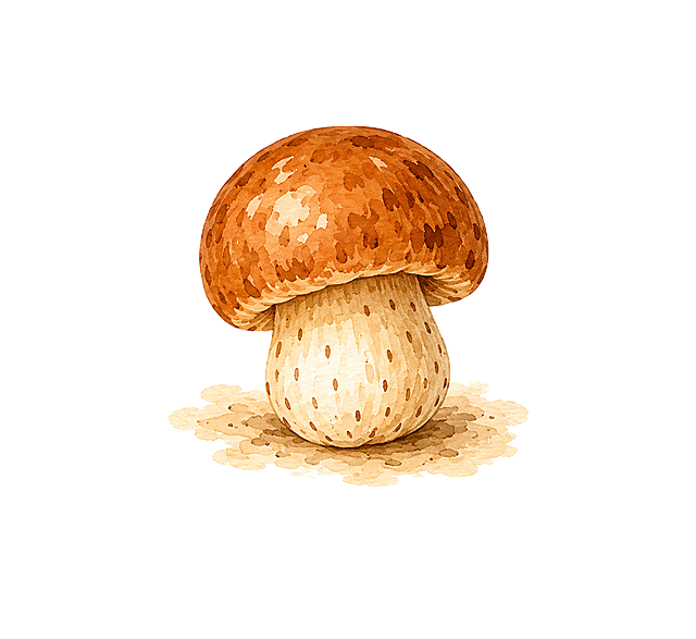再生成一只小的可食用蘑菇，保持和原图一致的水彩手绘插画风格，棕色菌盖，米白色带斑点菌柄，白底背景