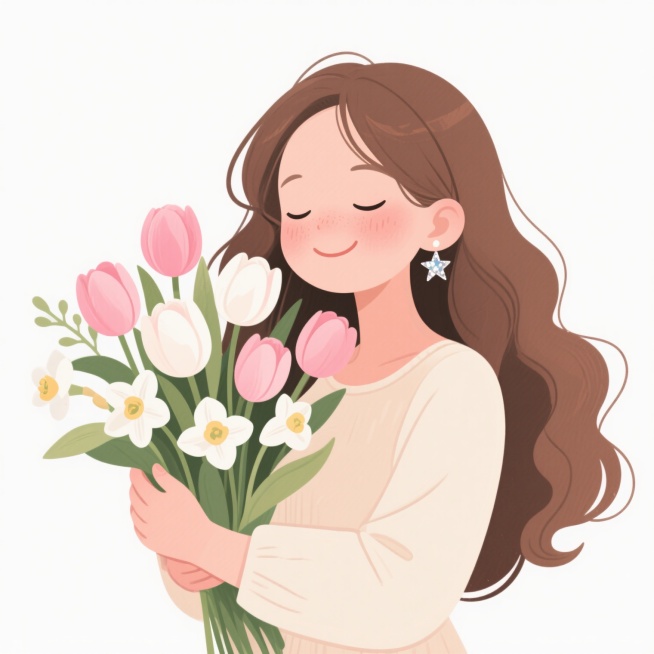 白色背景，扁平风格插画，一位闭眼微笑的年轻女性，她有着棕色长卷发，戴着闪亮的星星耳饰，身穿浅色长袖连衣裙，双手捧着一束色彩柔和的鲜花，包括粉色和白色的郁金香以及白色的洋水仙，花朵和叶子线条流畅，色彩清新明快，整体画面温馨治愈，充满春日气息，人物表情柔和甜美，光影简洁柔和，边缘清晰，无多余细节。预览效果