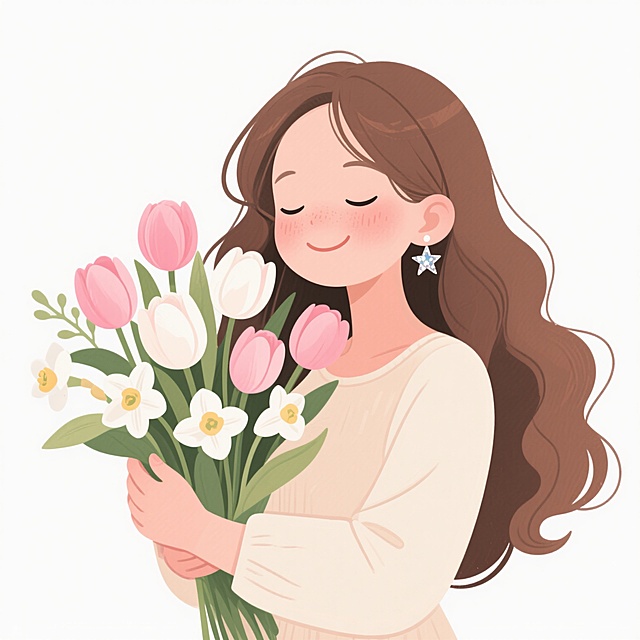 白色背景，扁平风格插画，一位闭眼微笑的年轻女性，她有着棕色长卷发，戴着闪亮的星星耳饰，身穿浅色长袖连衣裙，双手捧着一束色彩柔和的鲜花，包括粉色和白色的郁金香以及白色的洋水仙，花朵和叶子线条流畅，色彩清新明快，整体画面温馨治愈，充满春日气息，人物表情柔和甜美，光影简洁柔和，边缘清晰，无多余细节。