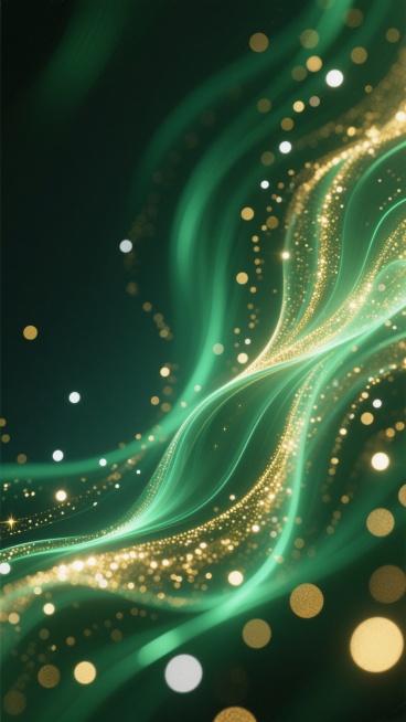 深绿色渐变背景，带有流动的绿色和金色光芒纹路，点缀着大量金色和白色的微小光点与圆形光斑，整体呈现出梦幻、闪耀且富有动感的视觉效果，光线沿曲线柔和过渡，营造出神秘而华丽的氛围。预览效果