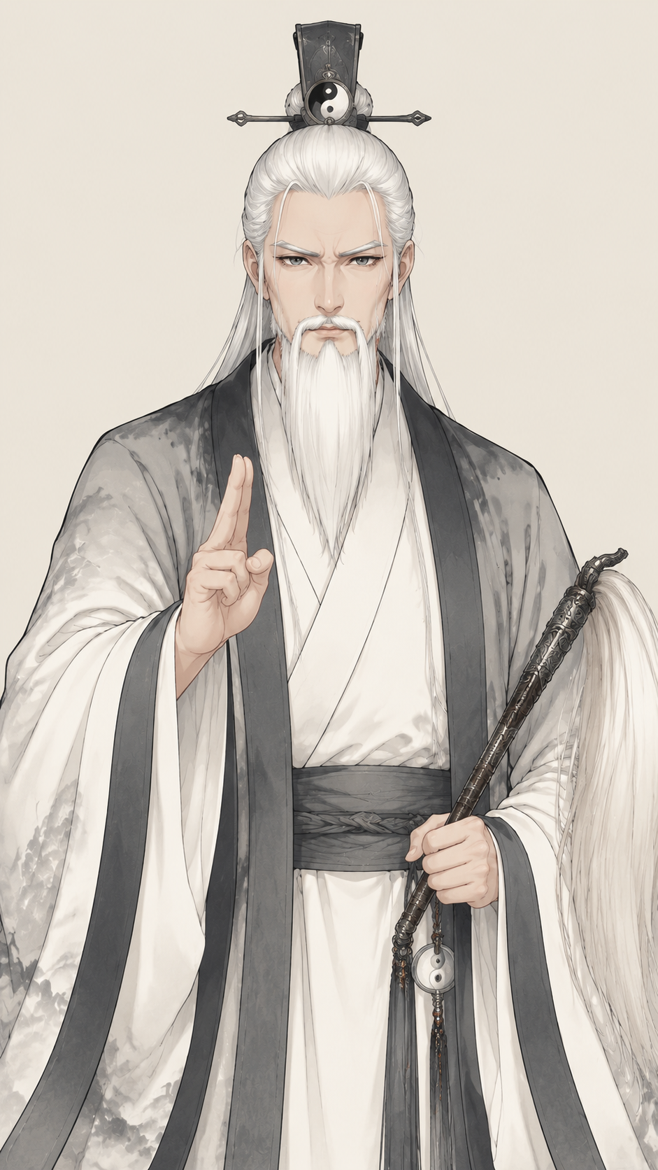 基于参考图中的老道长角色形象，生成一张表情动作图：老道长表情严… - 图片创意预览