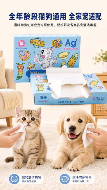 [第5屏] 爱思乐宠物清洁抑菌巾全年龄段猫狗通用适配展示。本屏使用【图1】产品。本屏功能为展示适合各类宠物使用。
[氛围/风格] 温馨可爱养宠风格，浅暖背景，活泼治愈，突出全家宠适用特点。
[元素布局预览效果