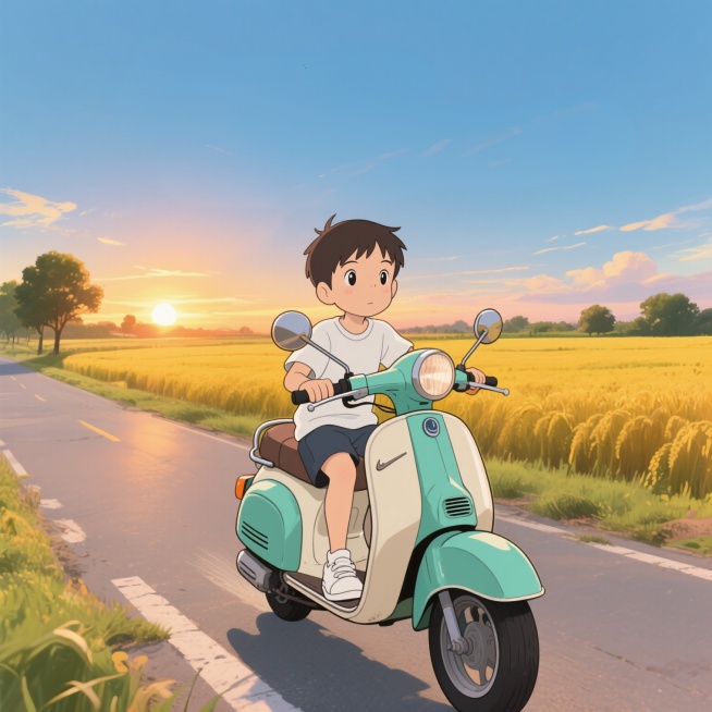 插画，5岁男孩，漫画，宫崎骏风格，小平头，白T恤，小白鞋。骑在一辆复古风格的薄荷绿与米白色相间的踏板摩托车上，乡村公路场景，公路旁是大片金黄色的田野，远处有树木，天空呈现出黄昏时分的暖色调，夕阳西下，预览效果