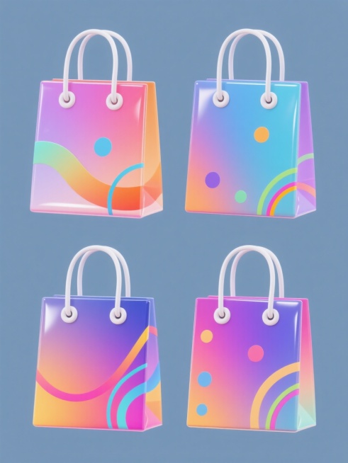 4个不同设计的购物袋以规整网格排布，每个购物袋均采用渐变色彩处理，表面光滑有光泽感，搭配白色圆形提手扣，周围环绕彩色流动线条与几何圆点装饰，整体造型简约现代，使用纯色背景，无任何文字、logo及水印，保持3D立体风格与明快活泼的视觉氛围。预览效果
