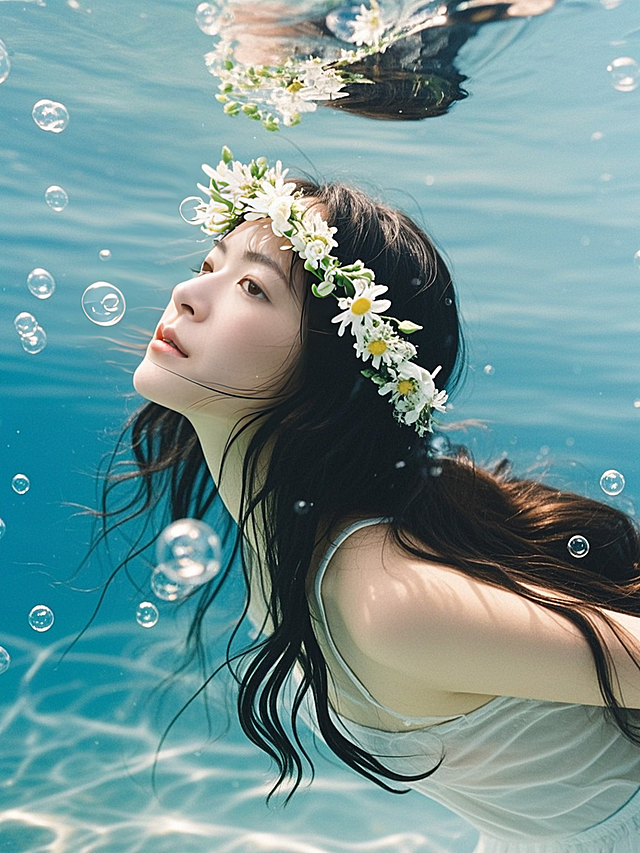 长发少女，水下写真，周围少量气泡装饰，正面视角，清透梦幻氛围，商业摄影
