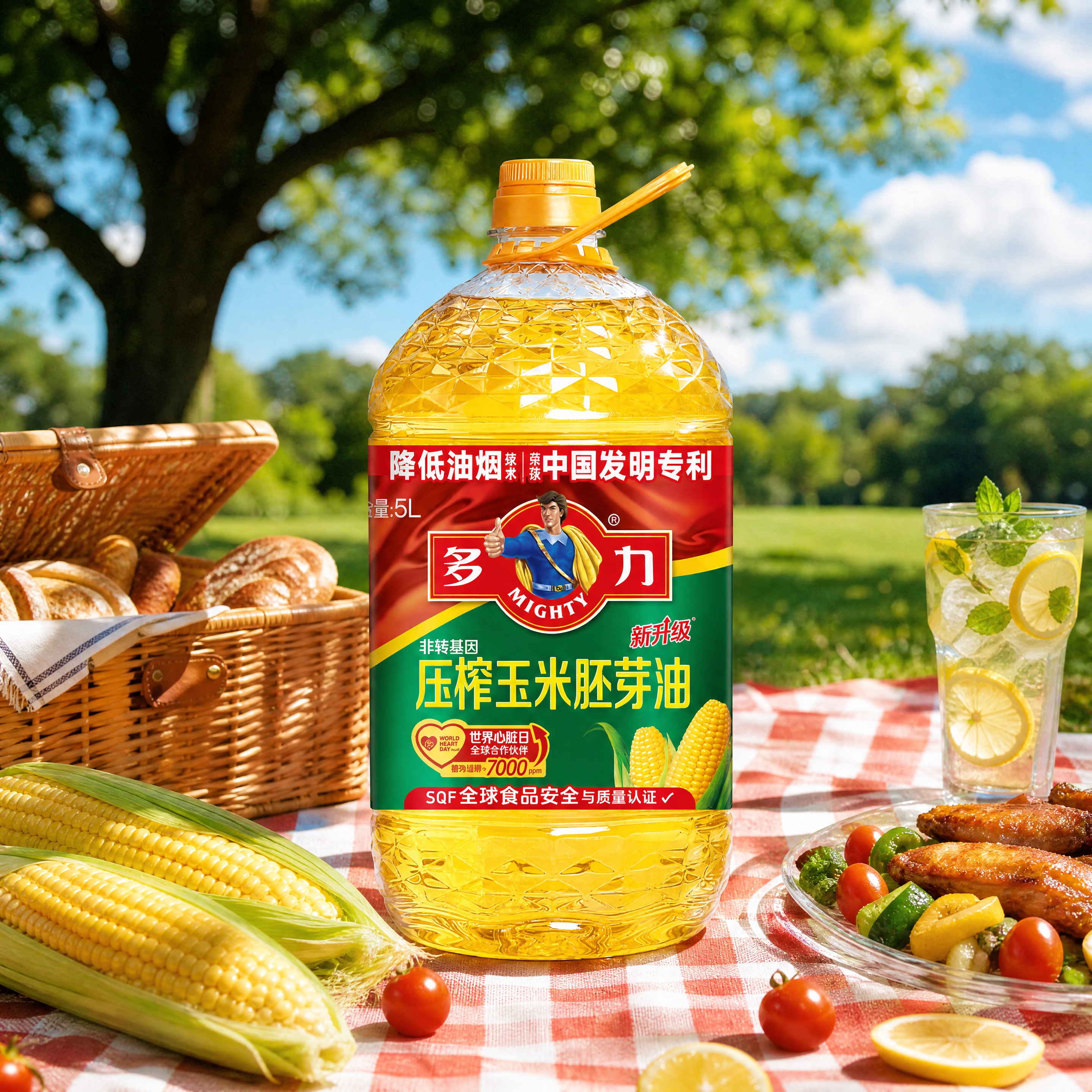 超写实户外食品摄影。 主体：5L装玉米油桶严格参照上传产品图，… - 图片创意预览
