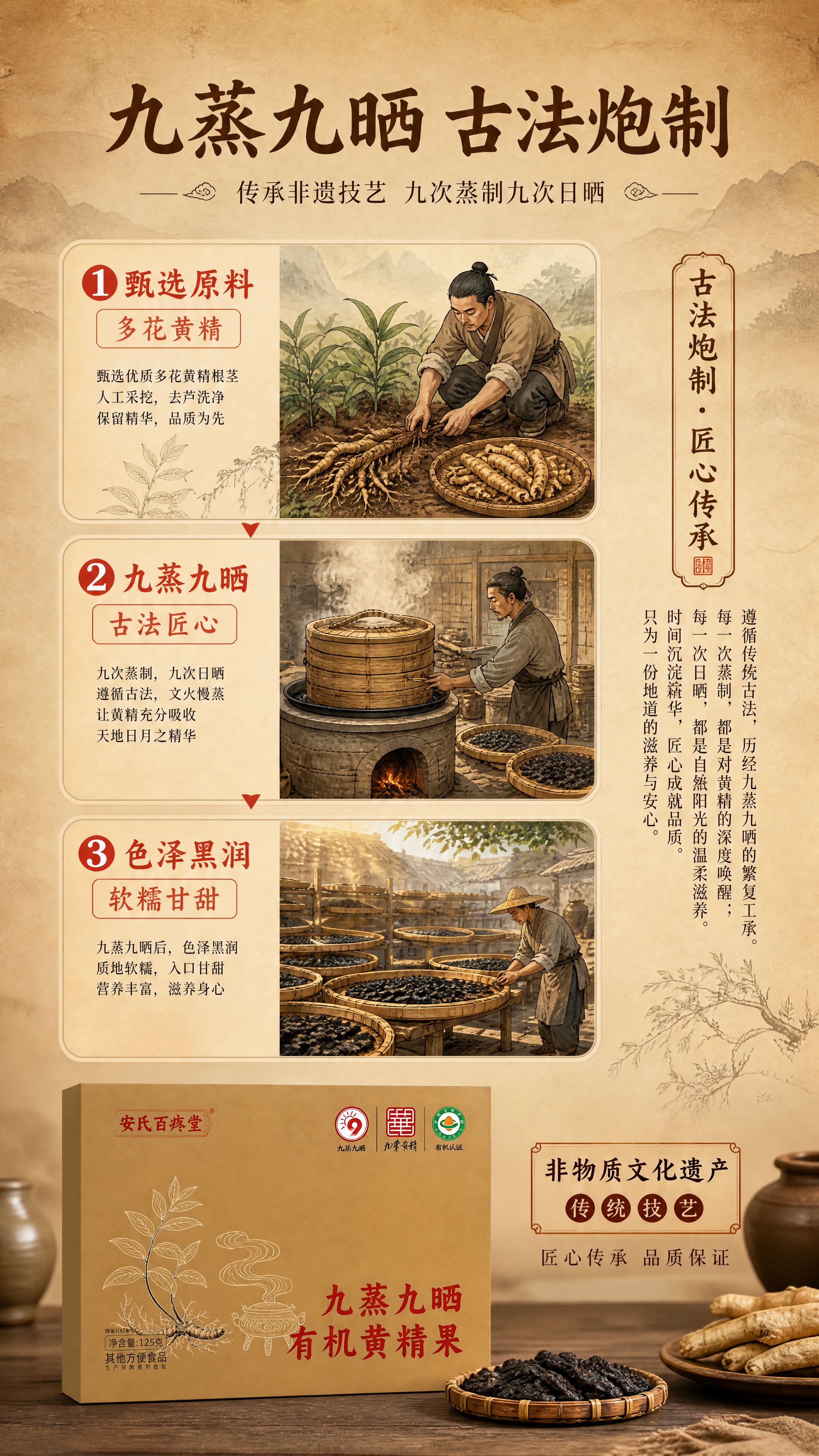 [商品] 使用【图1】九蒸九晒有机黄精果外盒图作辅助；保留包装… - 图片创意预览