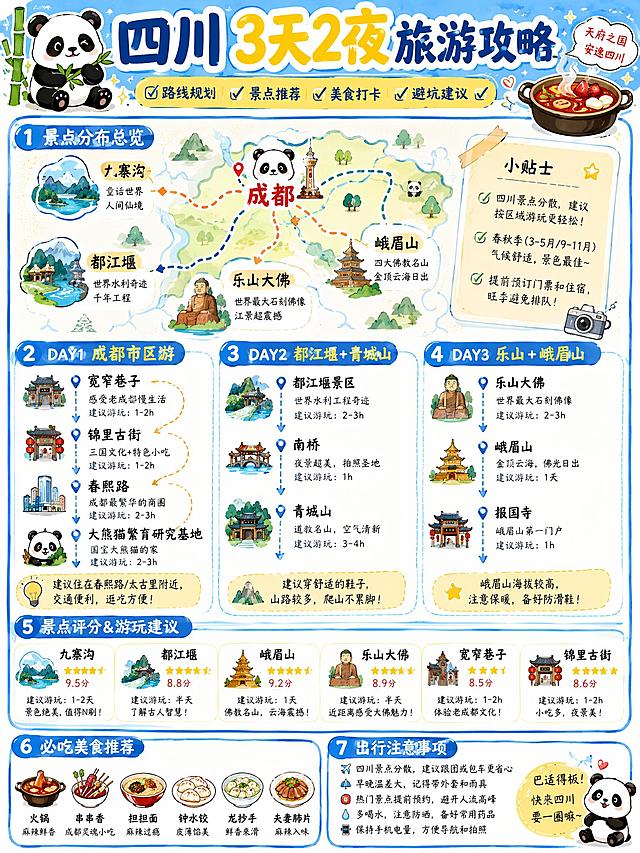 小红书风格四川3天两夜旅游攻略竖版长图，清新蓝黄撞色设计，版面新颖清晰，适配小红书竖屏3:4排版。内容包含：1.顶部大标题“四川3天2夜旅游攻略”配可爱手绘熊猫、火锅元素；2.四川景点分布总览示意图，标注成都、九寨沟、都江堰、峨眉山、乐山大佛等核心景点；3.每日行程路线图（DAY1成都市区：宽窄巷子、锦里、春熙路、大熊猫繁育研究基地；DAY2都江堰+青城山；DAY3乐山+峨眉山），用虚线箭头连接路线，每个景点配小图标；4.景点评分星级和游玩建议小贴士板块；5.底部美食推荐和出行注意事项。整体为可爱手绘插画风，蓝黄撞色配色，字体活泼，信息层级分明，图文并茂，适合小红书种草笔记封面长图。