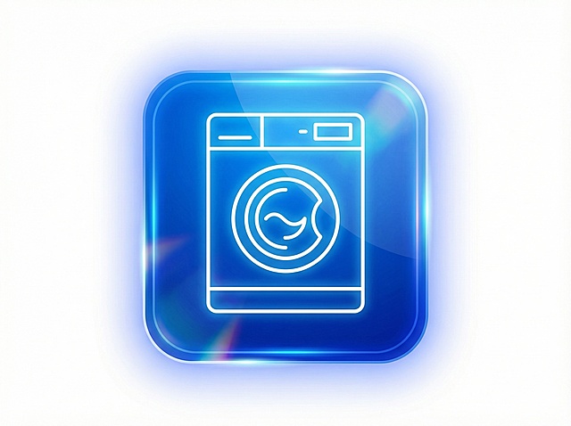 生成一个洗衣机图标的全息 UI 按钮，整体为圆角正方形，采用渐变的电光蓝作为底色，边缘带有柔和的发光效果。图标主体是白色的简约线条勾勒出的滚筒洗衣机造型，线条清晰利落，呈现出科技感十足的霓虹质感。背景为纯白色，让蓝色按钮更加突出，整体风格是未来感的全息交互界面元素，视觉上通透且带有轻微的玻璃光泽质感，构图居中对称，色彩层次分明，兼具现代感与识别性。