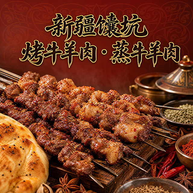 新疆馕坑烤牛羊肉店头像设计，800x800正方形，无圆形边框。写实写真风格，画面中央是金黄诱人的馕坑烤肉串，羊肉串和牛肉串色泽红亮油润，撒有孜然和辣椒粉，旁边点缀新疆特色香料和馕饼一角。背景是温暖的砖红色渐变，带有 subtle 的新疆民族花纹暗纹。上方有店名文字"新疆馕坑烤牛羊肉·蒸牛羊肉"，字体采用具有西域风格的书法体，颜色为深棕色配金色描边。整体画面食欲感强，正宗新疆风味，高清美食摄影质感，光线温暖柔和，专业商业摄影风格