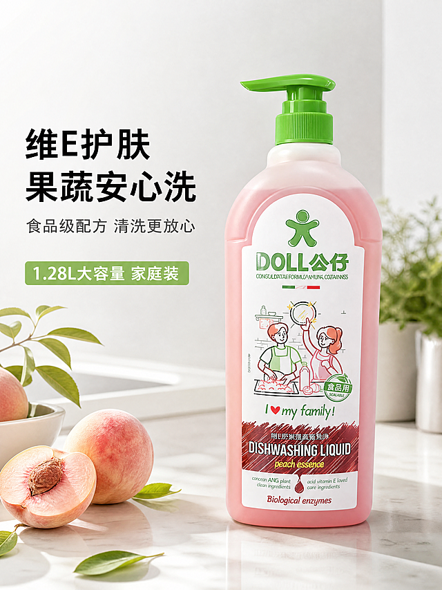 [第1屏] 详情页头图-公仔牌果蔬餐具净1.28L产品宣传海报。
[氛围/风格] 清新自然生活风，温馨浅色调厨房场景，柔和自然光影，商业摄影质感，整体干净明快。
[元素布局] 本屏使用【图1】作为商品主体，公仔牌果蔬餐具净粉色瓶身+绿色泵头放在画面中偏右区域，占据画面60%-65%主体位置。保持产品瓶身形状、标签设计、粉色渐变瓶身、绿色按压泵头的物理结构、材质质感、颜色与输入产品图一致。背景为浅灰色调简约厨房台面，左侧预留充足标题区域，台面点缀新鲜桃子和绿叶作为前景装饰，整体层次分明，背景不抢主体。
[光影质感] 左侧柔和主光照亮瓶身标签，瓶身右侧形成自然柔和投影，按压泵头高光清晰，整体明亮通透，产品边缘清晰真实。
[配色色系] 全局底色：#F5F5F5（浅灰）；主体配色：粉色瓶身+绿色泵头+白色标签；辅助色：新鲜桃子淡粉色+绿叶浅绿色。
[视角构图] 正面平视视角，产品居中偏右，左侧完整留给标题区域，构图稳定透气，符合移动端竖版阅读动线。
[文字版式] 左文右图版式，左侧上方主标题 "维E护肤 果蔬安心洗"，黑色粗体无衬线字体，字号约占画面宽度8%，左对齐；主标题下方副标题 "食品级配方 清洗更放心"，深灰色字体，字号约为主标题40%；底部浅绿色信息条标注规格 "1.28L大容量 家庭装"，白色字体，不遮挡产品主体。
[比例分辨率] 3:4 竖版比例，4K分辨率，文字清晰可辨，超高清。
[负向提示词] 瓶身变形，泵头缺失，标签文字错乱，颜色偏差，水印，产品图模糊，背景杂乱，诱导点击按钮