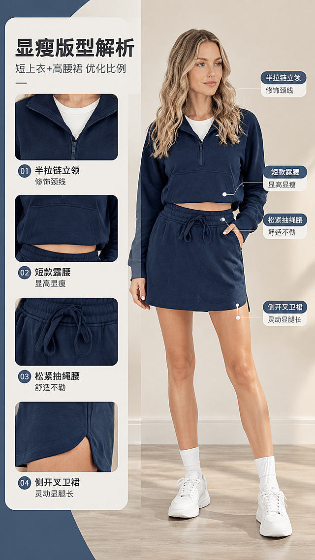 [商品] 使用【图2】藏青色套装正面全身图；保留半拉链立领、前贴袋、短款露腰剪裁、松紧腰头+抽绳、侧开叉卫裙、罗纹袖口的全部结构与版型；商品处理：自然去除衣身杂乱褶皱与压痕，理顺垂坠，增强卫衣面料纹理、缝线、拉链齿、抽绳绳头质感，不改变版型、颜色和结构。
[画面] 目标：版型结构解析，展示套装显瘦设计亮点。构图：竖版9:16，左文右图布局，右侧为欧美模特穿着藏青色套装的正面全身图，产品占画面55%；左侧为版型解析信息区。阅读动线：从左标题到右产品，再沿引线看各部位标注。前中后景：中景模特清晰，背景为浅米色哑光墙面+浅木地板，有柔和投影。
[视觉] 套系策略：风格=欧美ins风高级商业摄影；标题字=现代无衬线粗体；正文字=简洁无衬线体；主色=藏青蓝；背景延展=基于藏青蓝做深浅层级、同色渐变和细腻织物/哑光墙面质感；强调色=奶白色，仅用于小面积图标、引线和标签；标题色=深炭灰；正文色=中暖灰；组件=圆角浅底信息卡、细线引线+圆点标注；光影=左前侧暖柔光，自然室内采光感。
[文字] 左上主标题「显瘦版型解析」，副标题「短上衣+高腰裙 优化比例」，右侧从服装各部位引出4个标注点：「半拉链立领 修饰颈线」「短款露腰 显高显瘦」「松紧抽绳腰 舒适不勒」「侧开叉卫裙 灵动显腿长」，文字不遮挡服装主体关键结构。
[规格] 图片比例9:16竖版，4K分辨率，避免变形、错字、文字过小、亚洲面孔、冷蓝/蓝灰背景、衣服颜色改变、版型失真、绝对化用语。