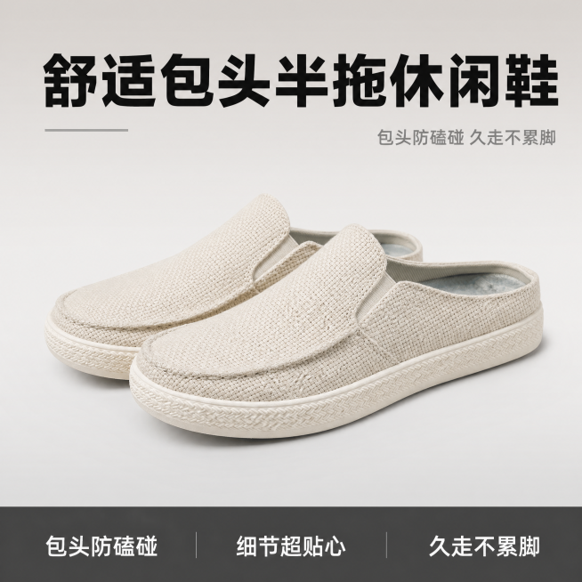 [单张主图] 米白色网布休闲包头半拖帆布鞋 爆款促销感主图，突出产品核心卖点，吸引点击转化。
[画面主体] 米白色网布半拖帆布鞋一双，45°斜侧摆放，鞋型完整清晰，主体占画面约65%，居中展示。保持鞋预览效果