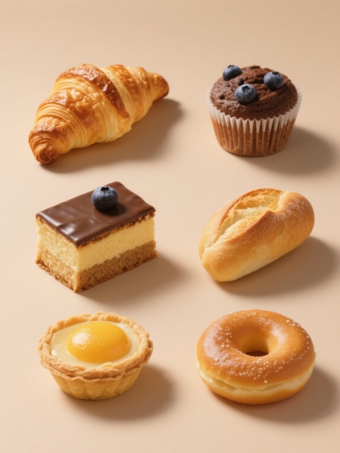 六个不同烘焙元素在纯色背景上的规整排布集合，每个元素都具有高度写实的质感，金黄酥脆的表面，清晰可见的层次感和纹理，柔和的光影效果，温暖的色调，包括牛角面包、巧克力蛋糕、蓝莓 muffin、法棍面包、蛋挞和甜甜圈，所有元素保持一致的高清晰度和逼真的食物细节，整体构图平衡对称，呈现出专业的食品摄影风格。预览效果