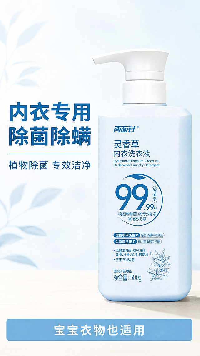 [第1屏] 详情页头图-两面针灵香草内衣洗衣液产品宣传海报。
[氛围/风格] 清新自然风，浅淡干净背景，搭配灵香草植物元素，商业摄影质感，画面干净通透。
[元素布局] 本屏使用【图1】作为商品主体，灵香草内衣洗衣液瓶身保持原有的浅蓝色瓶身、白色泵头、包装文字和所有标识的物理结构、材质质感、颜色与输入产品图一致。产品瓶身放置在画面右侧偏中位置，占据约65%画面比例，瓶身左侧预留标题区域。背景添加淡淡的灵香草叶片元素作为装饰，底部搭配浅米色台面，整体简洁干净，有层次感，不遮挡主体。
[光影质感] 左侧柔和主光照亮瓶身，右侧保留自然阴影，整体光线明亮通透，产品边缘清晰真实，包装文字清晰可辨。
[配色色系] 全局底色：#F5FBFF（浅青蓝）；主体配色：浅蓝色瓶身+白色泵头+深蓝色文字，和原图一致；辅助色：浅绿灵香草+浅米色台面。
[视角构图] 正面视角，主体产品位于画面右侧，左侧为文字区域，景深适中，阅读动线从上到下清晰自然。
[文字版式] 左侧上方主标题「内衣专用 除菌除螨」深蓝色粗体字，左对齐，字号约为画面宽度的8%；主标题下方副标题「植物除菌 专效洁净」，字号约为主标题的一半，同样左对齐；底部浅蓝信息条标注「宝宝衣物也适用」，白色文字居中，不遮挡主体产品。所有文字清晰可读，符合移动端浏览要求。
[比例分辨率] 9:16竖版比例，4K分辨率，文字清晰可辨，超高清。
[负向提示词] 瓶身变形，包装文字错乱，颜色偏差，水印，文字模糊，背景杂乱，产品结构错误，缺件错件。