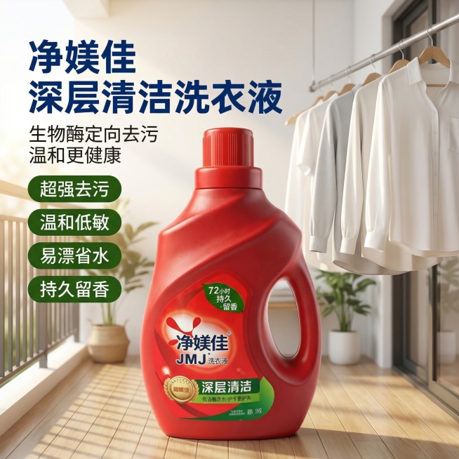 [主图 1] 洗衣液首图，场景化展示
[氛围/风格] 明亮干净的家居阳台场景，自然阳光漫射，高级清新质感，突出洁净感
[画面元素] 红色净媄佳洗衣液瓶（保持原有外观完全不变）居中放置，背景为干净整洁的预览效果