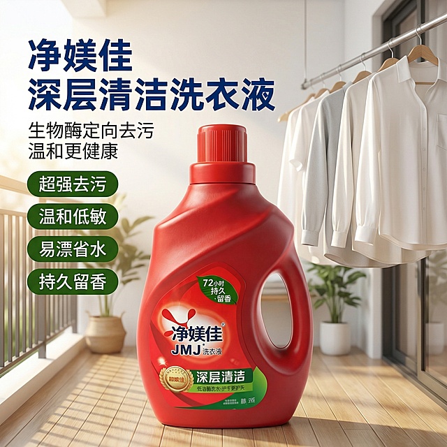 [主图 1] 洗衣液首图，场景化展示
[氛围/风格] 明亮干净的家居阳台场景，自然阳光漫射，高级清新质感，突出洁净感
[画面元素] 红色净媄佳洗衣液瓶（保持原有外观完全不变）居中放置，背景为干净整洁的阳台晾晒区，挂着几件干净整洁的衣物，阳光从侧面照射过来，整体画面无边框满铺，产品主体突出清晰
[配色色系] 主色调：产品红色，辅助色：阳光暖黄色，衣物白色/浅灰色，阳台木色
[视角构图] 平视视角，景深适中，产品居中，背景干净不抢主体
[文字版式] 左上角主标题“净媄佳 深层清洁洗衣液”，深蓝色加粗大字；副标题“生物酶定向去污 温和更健康”小字白色，下方四个胶囊标签：“超强去污”、“温和低敏”、“易漂省水”、“持久留香”白色文字深绿底；整体文字悬浮在背景留白处，不遮挡产品主体
[比例分辨率] 1:1比例，2K分辨率