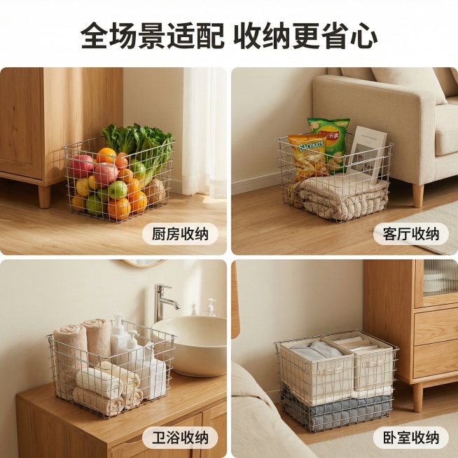 [垫图]https://1.jpg金属铁艺收纳篮多场景适配展示图，[氛围/风格]日系电影感，温馨暖调自然光，家居治愈感，[画面元素]采用四宫格拼图布局，每个宫格展示收纳篮在不同场景的使用效果：左上角为预览效果
