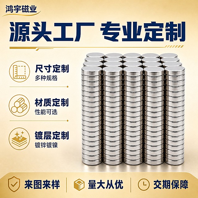 [主图-2] 钕铁硼强磁 可定制 圆形磁铁，定制卖点信息图，突出定制服务和源头工厂实力。
[统一基调] 蓝金工业品质风格，米金色渐变背景，深蓝色主标题，浅金色辅助标签和装饰线，粗黑体字体，源头工厂专业感，鸿宇磁业文字品牌名。
[画面] 画面右侧主体为圆形钕铁硼磁铁阵列特写，展示多规格多尺寸的圆形磁铁矩阵，磁铁占画面约45%。左侧竖排展示3大定制服务，每条配浅金色图标和深蓝色文字：1. 尺寸定制 多种规格；2. 材质定制 性能可选；3. 镀层定制 镀锌镀镍。上方主标题写"源头工厂 专业定制"，深蓝色粗黑体。左上角"鸿宇磁业"品牌名。底部浅金色标签条写"来图来样 量大从优 交期保障"。
[光影质感] 商业工业摄影质感，产品阵列清晰，金属表面电镀层反光干净均匀，圆形边缘锐利，底部有柔和接触阴影，质感真实。
[配色] 米金色渐变背景，深蓝色主标题和卖点文字（#1a365d），浅金色图标和标签装饰（#d4af37），银色金属磁铁，整体蓝金配色协调统一。
[文字版式] 粗黑体字体，主标题最大最粗，卖点文字次之，辅助标签最小；文字左对齐排列在左侧负空间，不遮挡产品；浅金色细装饰线分隔卖点条目，整体版式规整专业。
[输出要求] 1:1正方形比例，2K分辨率，文字清晰可读，产品清晰不变形，无水印无平台Logo无错字，禁止悬浮感，禁止变形。