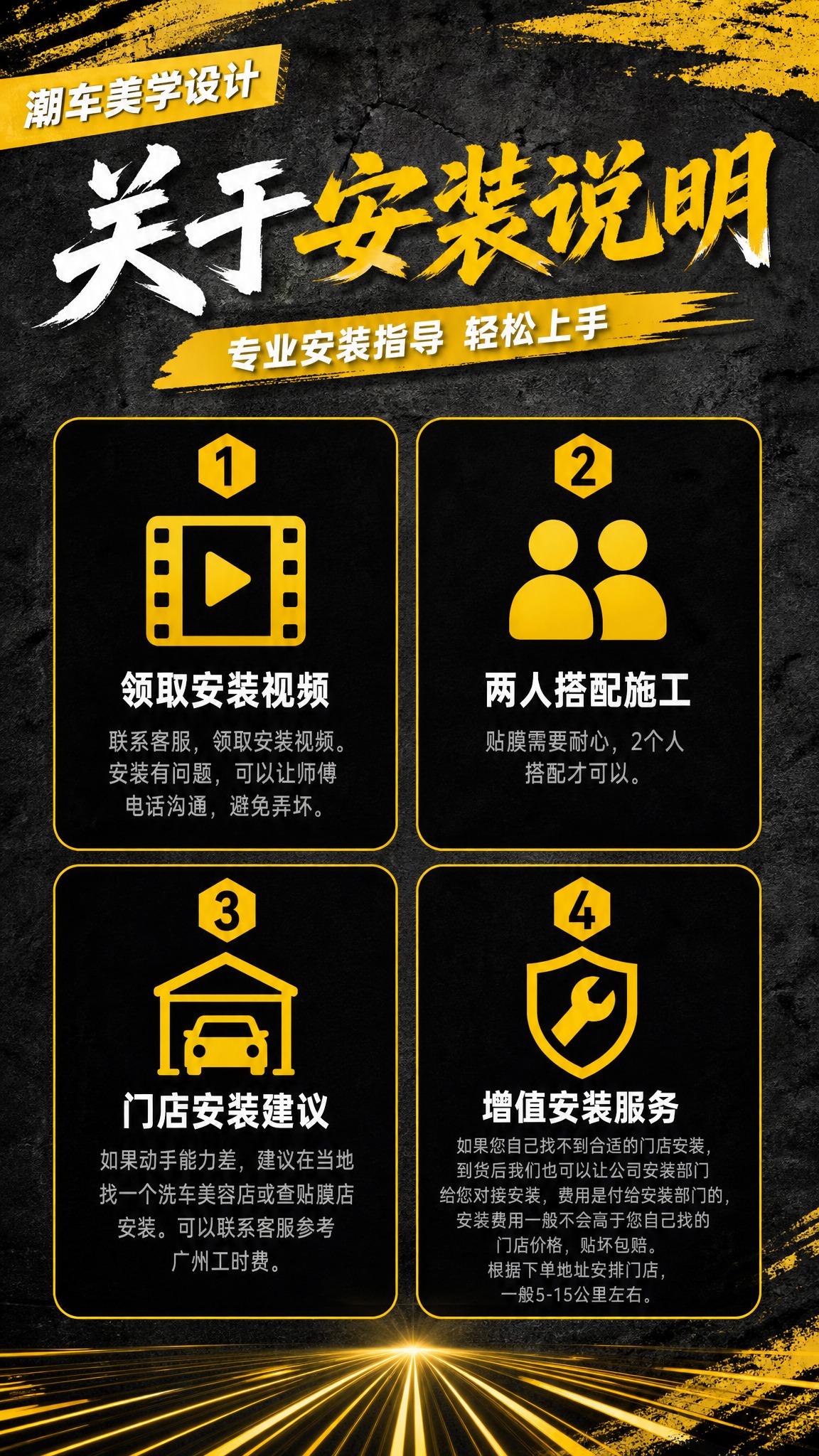 关于安装说明，详情页第5页，9:16竖版，深灰水泥墙黑黄笔刷风… - 图片创意预览