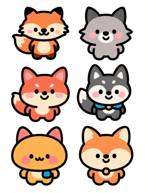 六个不同样式、不同种类、不同外观的卡通狐狸，保持与原图一致的扁平风格，圆润可爱的造型，简洁的线条，鲜艳明快的色彩，每个狐狸都有独特的特征，如不同的毛色、表情、姿态或配饰，它们整齐地排列在纯白色背景上，整体构图均衡，视觉层次清晰，信息传达直接，适合作为面向大众的可爱主题设计素材。预览效果