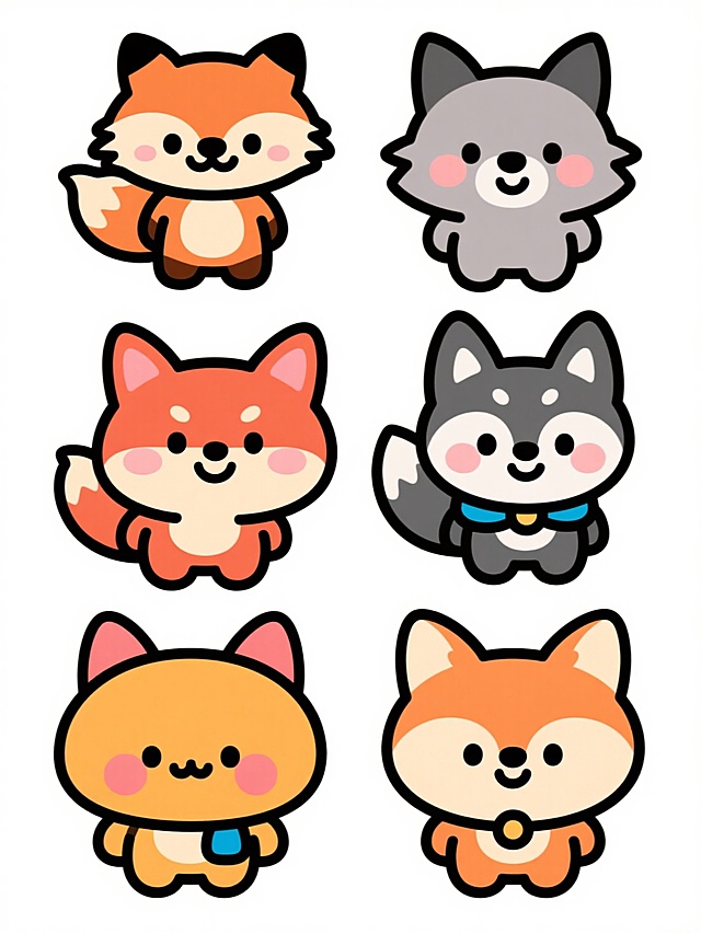 六个不同样式、不同种类、不同外观的卡通狐狸，保持与原图一致的扁平风格，圆润可爱的造型，简洁的线条，鲜艳明快的色彩，每个狐狸都有独特的特征，如不同的毛色、表情、姿态或配饰，它们整齐地排列在纯白色背景上，整体构图均衡，视觉层次清晰，信息传达直接，适合作为面向大众的可爱主题设计素材。