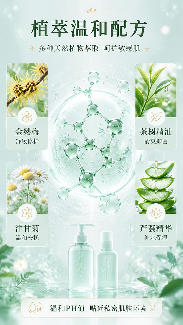 [第3屏] 成分机理屏-植萃成分可视化展示，温和不刺激原理说明。本屏为成分专屏，不强制使用产品图，以成分元素为主视觉。
[氛围/风格] 科研专业风，自然植萃感，清新通透，高级医学质感
[元素布局] 画面中央为大型植物萃取分子结构3D示意图，占画面约40%；周围环绕多种植萃原料特写：金缕梅、茶树精油、洋甘菊、芦荟等植物叶片/花瓣元素；分子结构、原料图形放大占主画面，核心元素合计占画面55%以上；背景为淡蓝绿色渐变，有微光粒子浮动；底部隐约可见两瓶产品剪影
[光影质感] 柔和散射光，分子结构有通透发光质感，植物元素清晰自然，整体明亮有科技感
[配色色系] 全局底色 #F0F7F4 淡绿白渐变；主色薄荷绿、植物绿；辅助色白色、浅金色；点缀色淡粉、淡蓝
[视角构图] 中心对称构图，阅读动线从中心成分 → 四周卖点 → 底部说明
[文字版式] 顶部主标题「植萃温和配方」，副标题「多种天然植物萃取 呵护敏感肌」；画面左右两侧各2个成分卡片：「金缕梅 舒缓修护」「茶树精油 清爽抑菌」「洋甘菊 温和安抚」「芦荟精华 补水保湿」；底部小字说明「温和PH值 贴近私密肌肤环境」
[比例分辨率] 9:16竖版比例，4K分辨率，文字清晰可辨，高清画质
[负向提示词] 医疗承诺，根治，消炎，杀菌药效表述，水印，文字错乱，成分图标过小