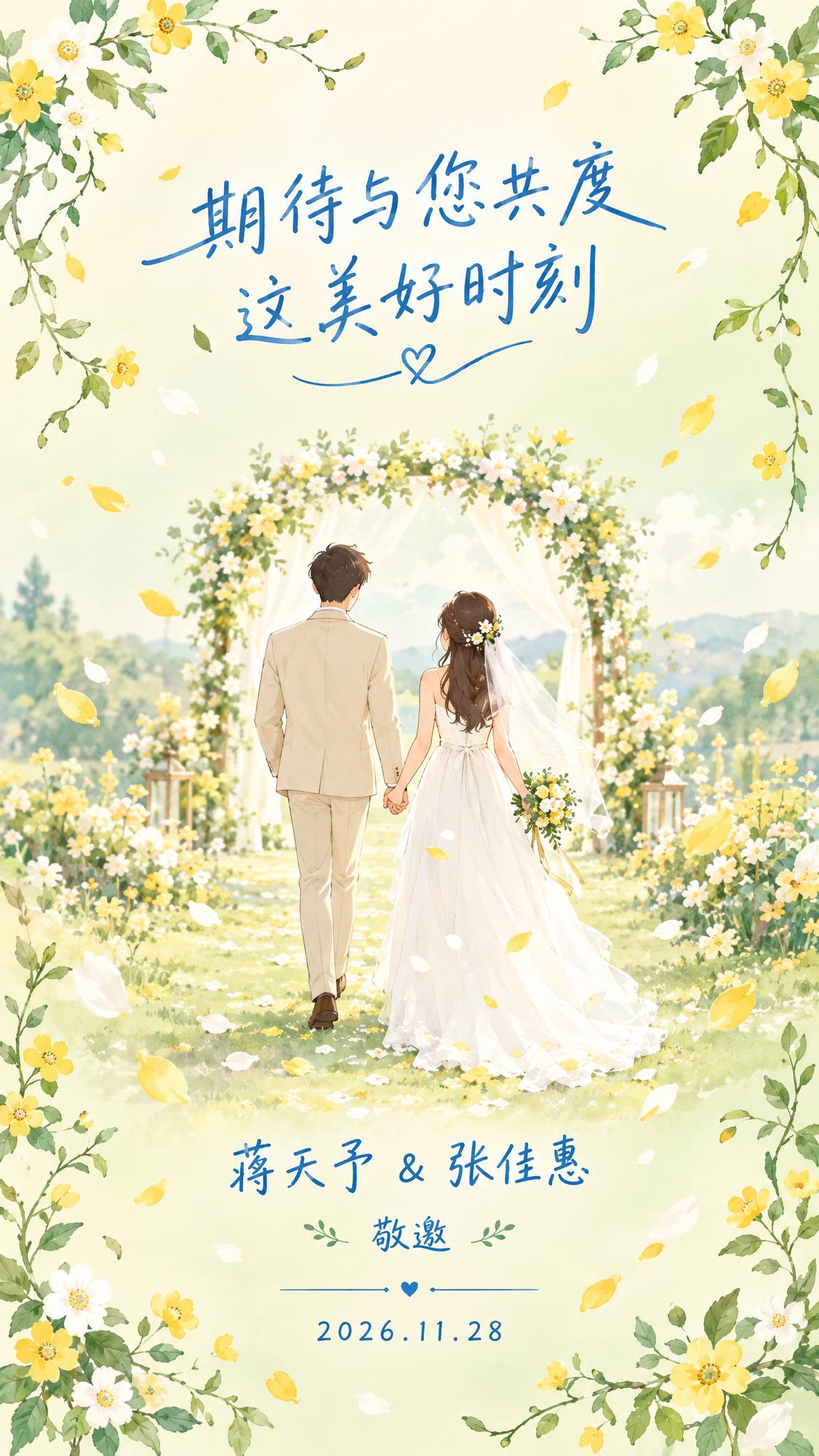 婚礼H5邀请函结尾页，竖版1080x1920，手绘清新插画风格… - 图片创意预览