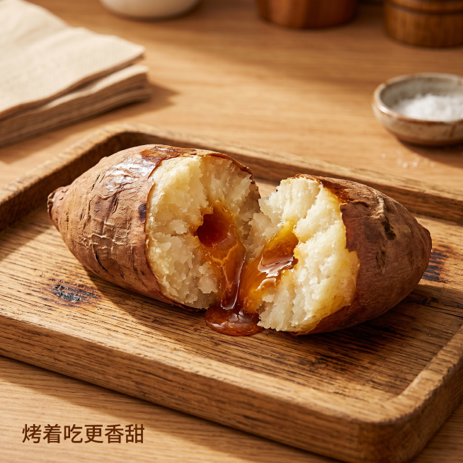 [主图8] 烘烤后哈密冰糖薯展示诱人食用场景。[氛围风格] 温暖治愈，食欲满满；[画质] 暖调摄影质感，光影柔和。[元素] 烤好的哈密冰糖薯摆放在原木烤盘里，一个已经掰开露出奶白色糖心，糖心流油光泽感预览效果