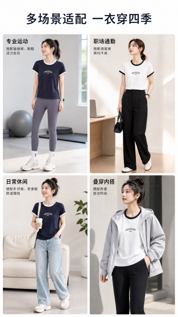 [第6屏] 多场景搭配展示，四大适用场景分区块排版。氛围风格：生活化场景，丰富自然，年轻活力，真实代入感。元素布局：本屏使用【图1】和【图2】产品，四个场景分四宫格排版，每个场景占四分之一区域：1.专预览效果