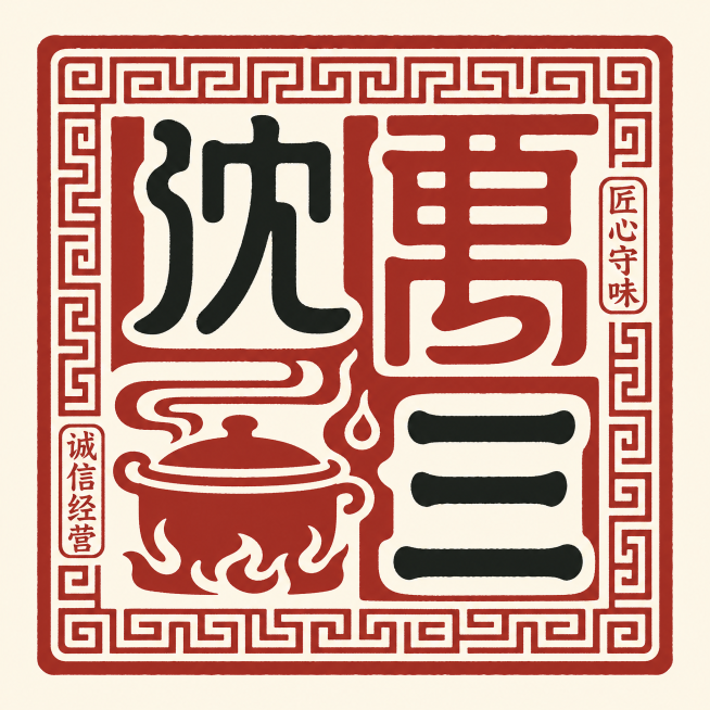 新中式篆刻印章风格LOGO设计，整体为方形篆刻构图，主体是书法化“沈万三”文字，笔画中融入抽象酱卤汤锅、慢炖文火的线条符号，边缘加入古朴回纹，配色为朱砂红+墨黑+米白，扁平化矢量风格，无渐变阴影，整体预览效果