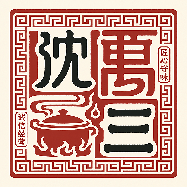 新中式篆刻印章风格LOGO设计，整体为方形篆刻构图，主体是书法化“沈万三”文字，笔画中融入抽象酱卤汤锅、慢炖文火的线条符号，边缘加入古朴回纹，配色为朱砂红+墨黑+米白，扁平化矢量风格，无渐变阴影，整体沉稳厚重，传递坚守非遗古法、诚信经营的品牌内核，适合品牌主视觉、礼盒包装、文化宣传物料，设计理念为“匠心守味，传承不守旧”