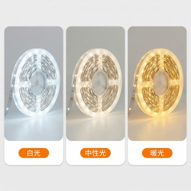 去除画面中的四键控制器、USB接口与白色线缆，仅保留三个展示灯带不同光效的圆角卡片。保持其他构图与风格不变：横向并列三个等大圆角矩形卡片，每个卡片分别展示白光、中性光、暖光三种发光状态的灯带卷状实物，预览效果