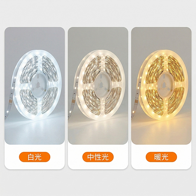 去除画面中的四键控制器、USB接口与白色线缆，仅保留三个展示灯带不同光效的圆角卡片。保持其他构图与风格不变：横向并列三个等大圆角矩形卡片，每个卡片分别展示白光、中性光、暖光三种发光状态的灯带卷状实物，卡片底部橙色圆角标签分别标注"白光""中性光""暖光"，背景浅灰色低饱和，写实商业摄影电商产品主图风格，画面干净通透规整，还原灯带密集LED灯珠、胶套包裹的柔性卷状质感，卡片边缘柔和，文字清晰醒目。