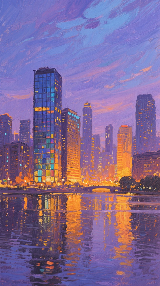 印象派风格城市夜景，莫奈式笔触，朦胧光影效果，紫蓝色渐变天空，橙黄色城市灯光，高楼建筑群剪影，水面倒影效果，温暖色调氛围，柔和边缘处理，艺术化城市景观，印象派标志性的色彩点染技法，光线在建筑玻璃幕墙上的斑斓折射，远处天空与城市灯光交融的朦胧美感，整体画面呈现出如梦似幻的光影流动感。