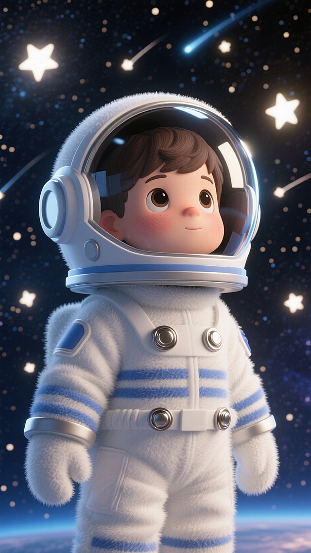 宇航员小男孩，带着头盔，背景有星星，