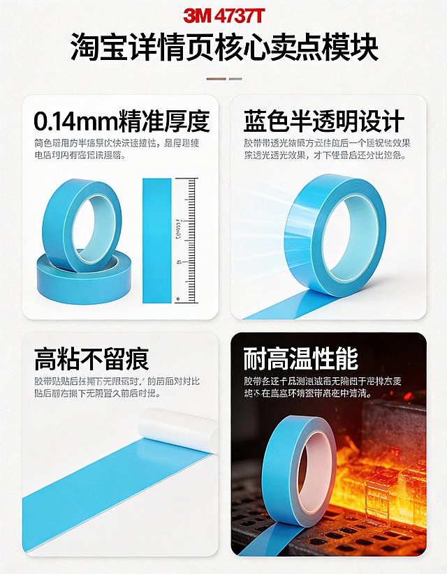 通过这两张图片生成一个淘宝详情页要有使用场景和使用用途这款胶带是3M4737T遮蔽胶带厚度0.14mm蓝色半透明高粘不留痕耐高温高温遮蔽