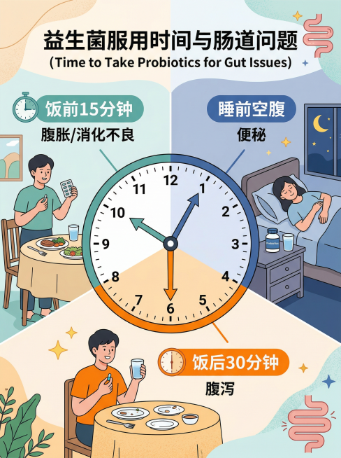 时钟主题科普插画，展示三种肠道问题对应的益生菌服用时间。中央是一个大时钟，表盘上标注三个时间点。第一个时间点标注“饭前15分钟”，对应“腹胀/消化不良”，旁边有人拿着益生菌胶囊准备饭前服用。第二个时间预览效果