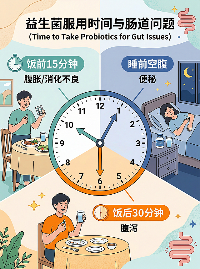 时钟主题科普插画，展示三种肠道问题对应的益生菌服用时间。中央是一个大时钟，表盘上标注三个时间点。第一个时间点标注“饭前15分钟”，对应“腹胀/消化不良”，旁边有人拿着益生菌胶囊准备饭前服用。第二个时间点标注“睡前空腹”，对应“便秘”，旁边有人躺在床上准备睡觉，床头柜放着益生菌，窗外有月亮。第三个时间点标注“饭后30分钟”，对应“腹泻”，旁边有人刚吃完饭拿着益生菌胶囊。三个时间点用不同颜色指针区分，整体风格简洁易懂，色彩分区清晰。
