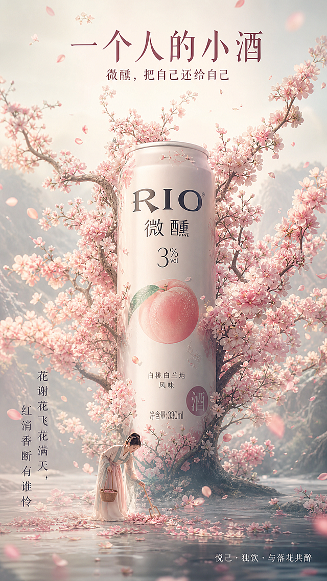 超现实竖版海报，一个巨大的RIO微醺330ml铝罐矗立画面中央，像一棵参天大树，罐身向四周延伸出无数开满粉色桃花花瓣的花枝，花朵繁密，花瓣飘落。罐子底部地面上，一个极小尺寸的林黛玉，古装清瘦少女，手执小花锄，提花篮，弯腰拾捡落花，微观人物对比巨物RIO。海报上需要包含清晰可读的文字，设计为雅致宋体：主标题在画面顶部居中，大号字："一个人的小酒"，副标题在主标题下方："微醺，把自己还给自己"，诗词引用在画面左下竖排："花谢花飞花满天，红消香断有谁怜"，品牌标识在罐身："RIO 微醺 3% vol"，小字slogan在底部角落："悦己·独饮·与落花共醉"。整体超现实风格，柔和国风色调
