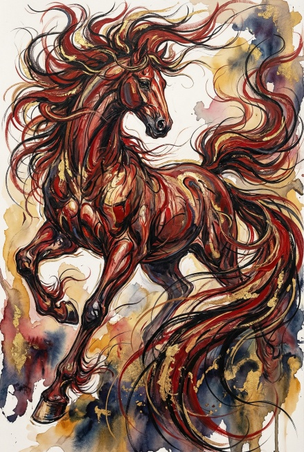 油画风格，厚重笔触，有点水彩肌理，条流畅劲挺，细节刻画，极繁主义，十二生肖之马的抽象表达，极具艺术造诣，手绘感强，拉长的艺术曲线，曲线延伸飘逸，造型夸张神似马飞舞的动态，极致简约概括手绘毛笔线条，红色预览效果