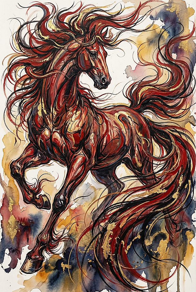 水彩风与鎏金风交织，骏马奔腾间尽显梦幻感与热血感，厚涂技法强化体积感，唯美感中透出磅礴气势。