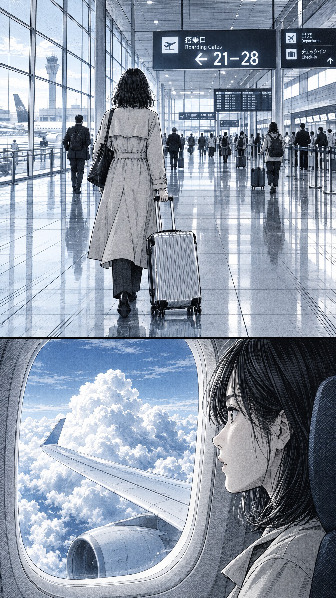 日式悬疑漫画风格，机场候机大厅，女生拖着银色行李箱走向登机口，… - 图片创意预览