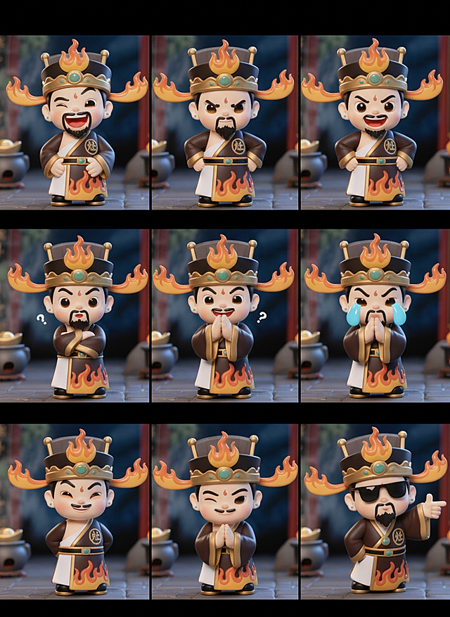 保持人物主体不变，创作一组写实风格表情包，包含表情不同、姿势不同的九宫格表情包，表情变化较大，姿势夸张