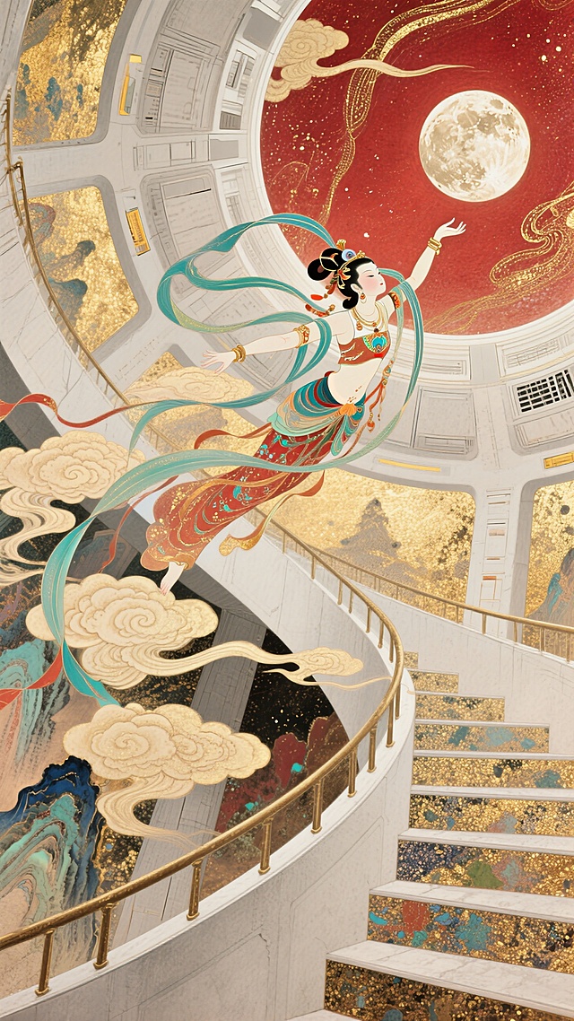 极致的仰视视角，螺旋楼梯式环绕构图，祥云环绕贯穿整个画面，现代的空间站内部，嫦娥呈敦煌飞天姿势从向红色调的月星空飞去，满月，超强纵深，超强透视