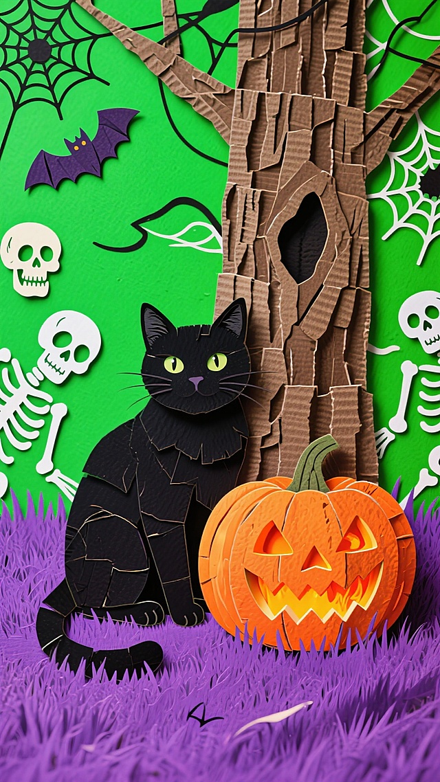 万圣节黑猫和南瓜，在一棵树下，点缀其他万圣节元素，紫色草坪，荧光绿色天空