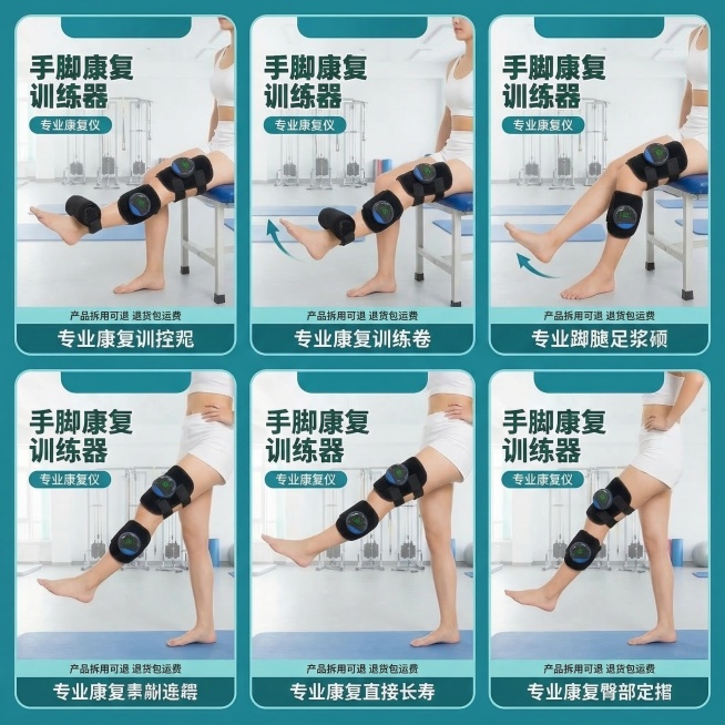 修改这张康复训练器宣传图：保留康复训练器产品原样，模特腿部动作改为不同的康复训练动作，模特皮肤增白自然，背景替换为明亮的医院或康复中心室内场景，卖点文字内容完全不变，修改文字颜色和框架模板为更专业的医预览效果