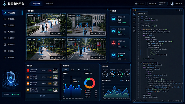 A modern dark-mode UI dashboard for "Campus Security Platform (校园安防平台)". The main interface is in Chinese, showing menus: "实时监控" (Real-time Monitoring), "告警记录" (Alert Records). On the right side, there is a small code editor window showing Python code with English keywords (def, import, YOLO). Design: Glassmorphism style, glowing blue accents, 4k resolution. Focus: Main navigation in Chinese, technical code snippets in English.