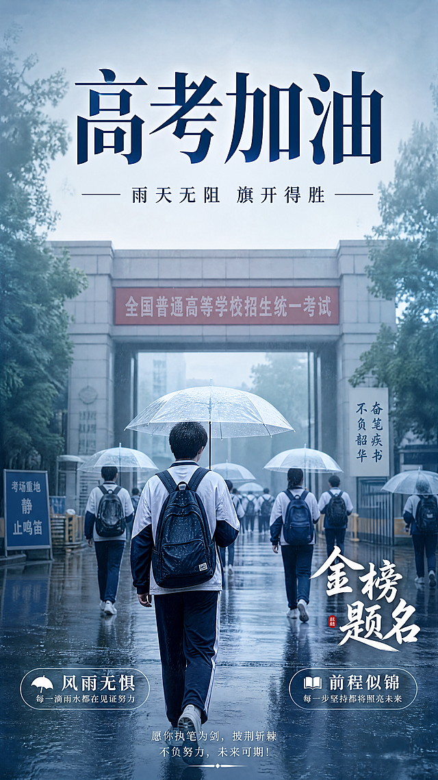 「图片1」我需要的是海报类的，有没有人物都可以，要表现下雨天也不能阻止高考的学子们，同时要有祝福的语句